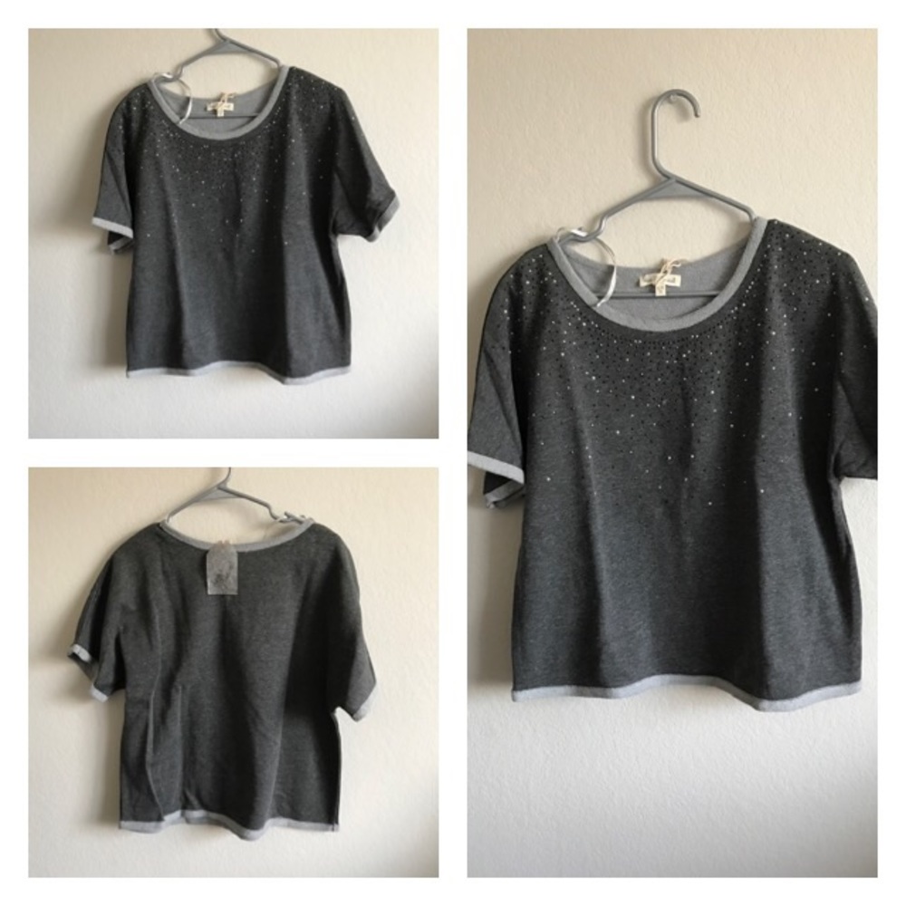 Gray Rhinestone Boatneck Top