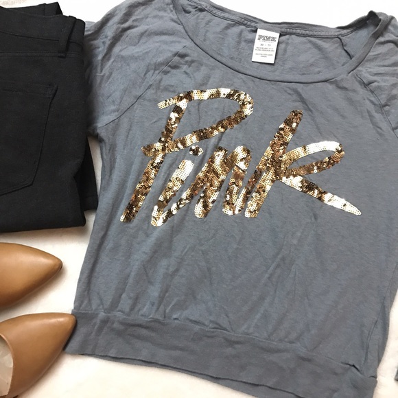 PINK Victoria's Secret Tops - VS PINK Gold Sequin Bling Slub Gray Top