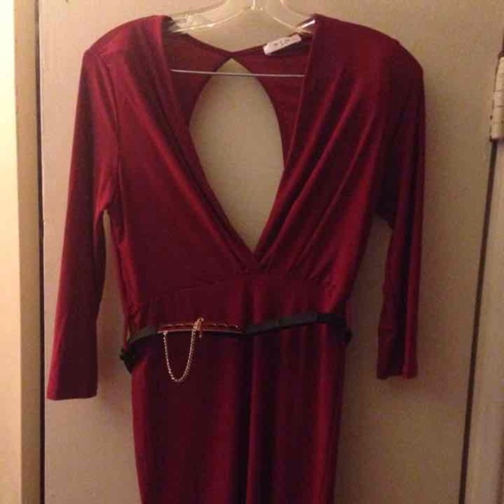 Red low cut dress.