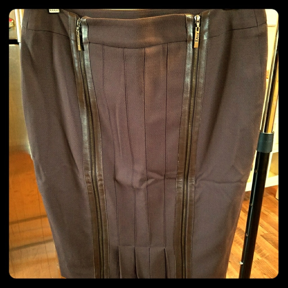 Chocolate brown silk & leather Dior skirt