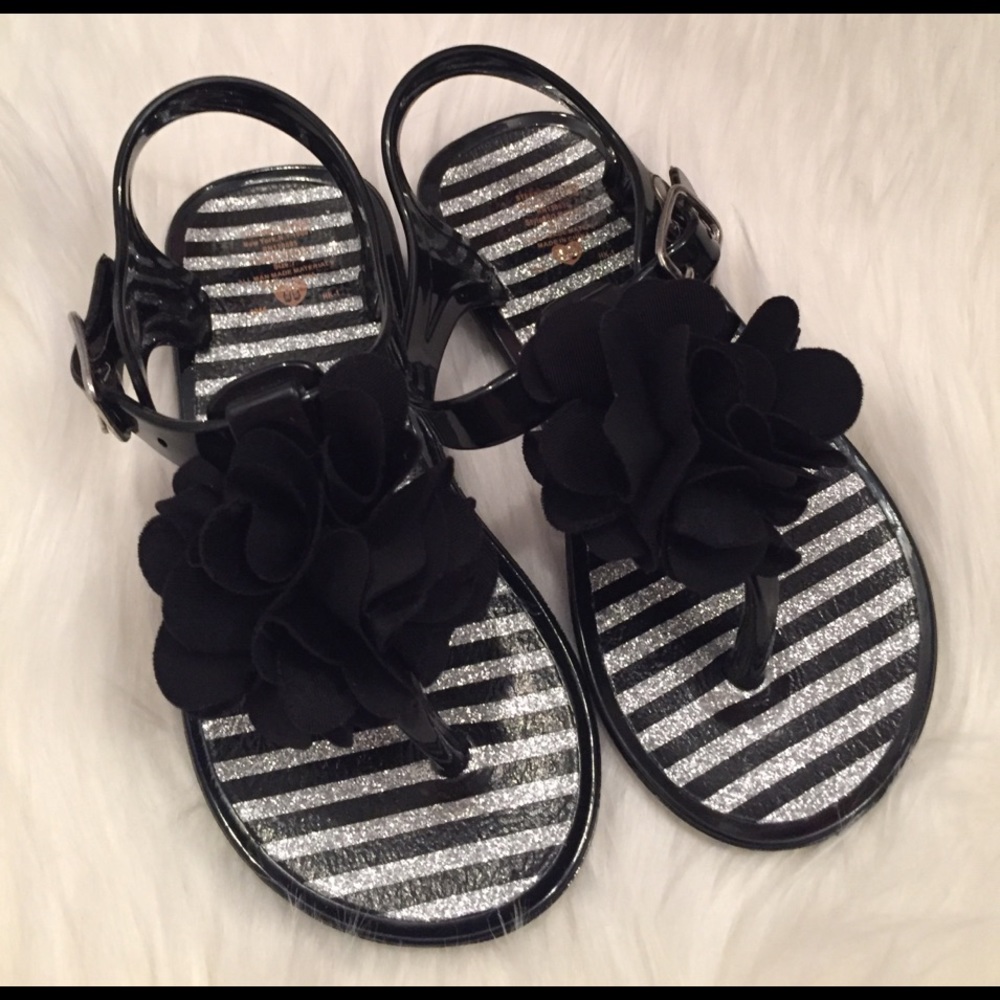 T-strap Jelly Sandals with Flower Embellishment