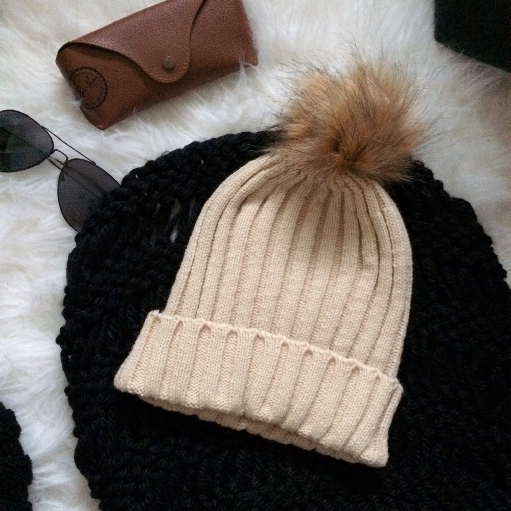 Beige Knit Pom Beanie