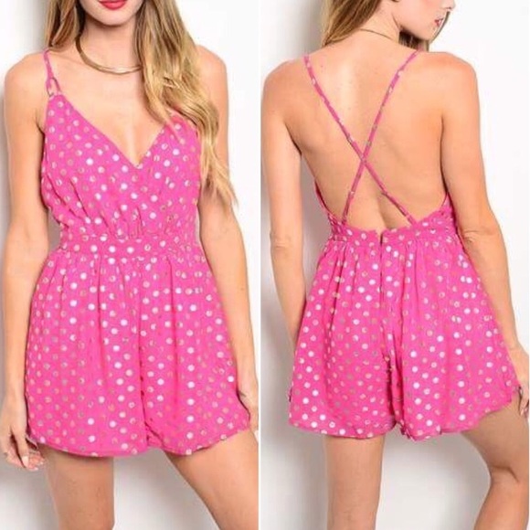 Hot Pink Gold Foil Polka Dot Romper - Picture 2 of 4