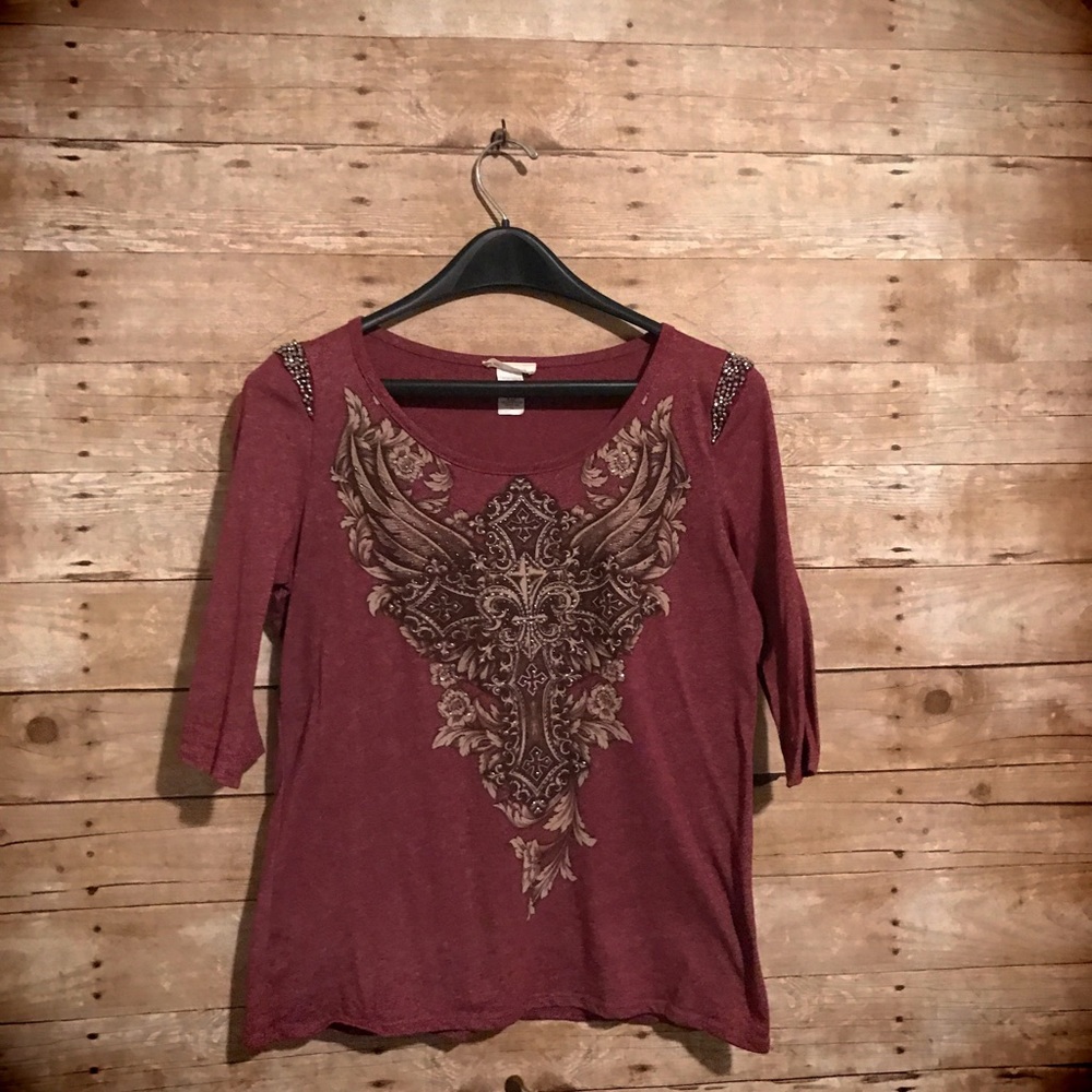 3/4 Sleeve Burgundy Shirt with Embellishments