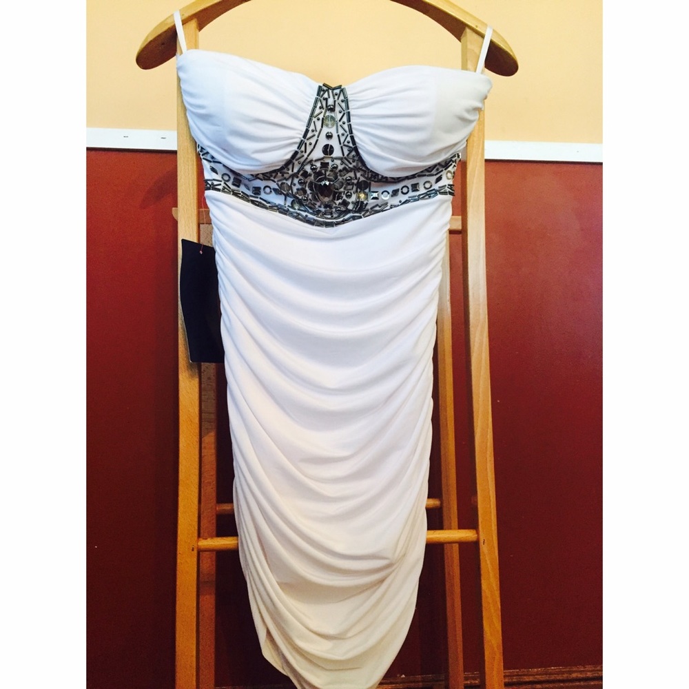 EMBELLISHED SHIRRED MINI DRESS