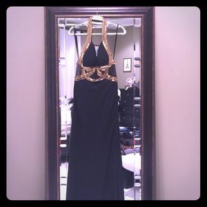NWOT black & gold empire waist halter gown