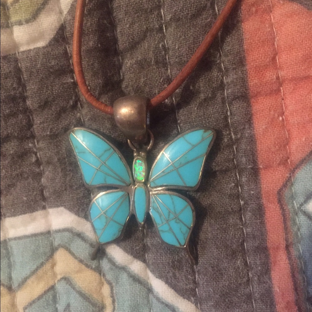 Leather cord turquoise  opal butterfly necklace