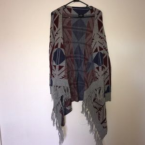 Cozy Grey Aztec Cardigan with Fringe along edges
