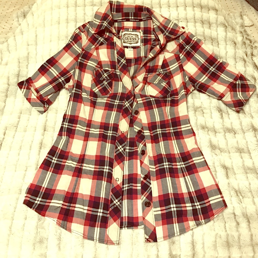 Guess 3/4 length plaid button up collar shirt