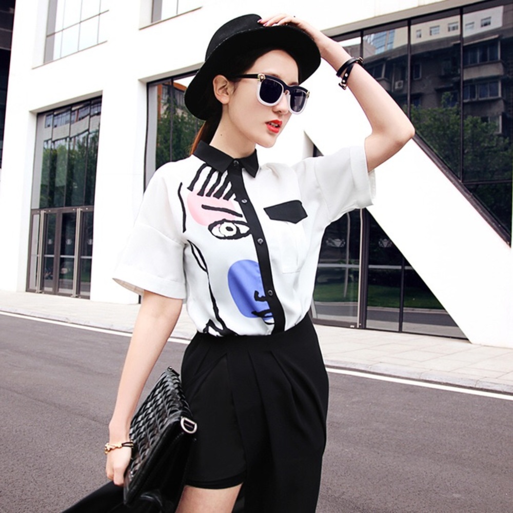 🆕 Short-Sleeved Portrait Stitching Chiffon Blouse