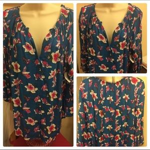 XL Turquoise Blue Button Down Cinched Blouse NWT