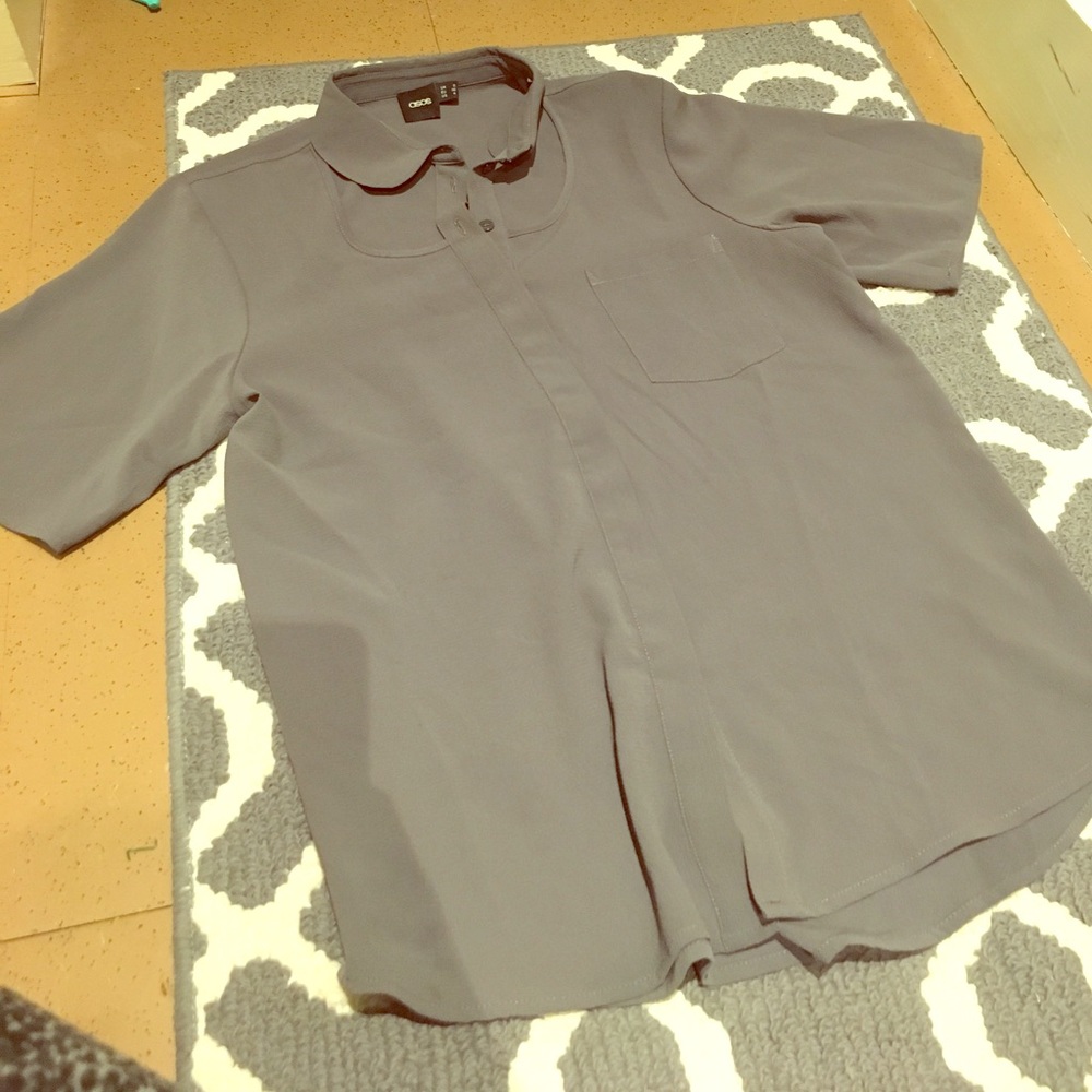 Gray button down shirt with cutouts on collar
