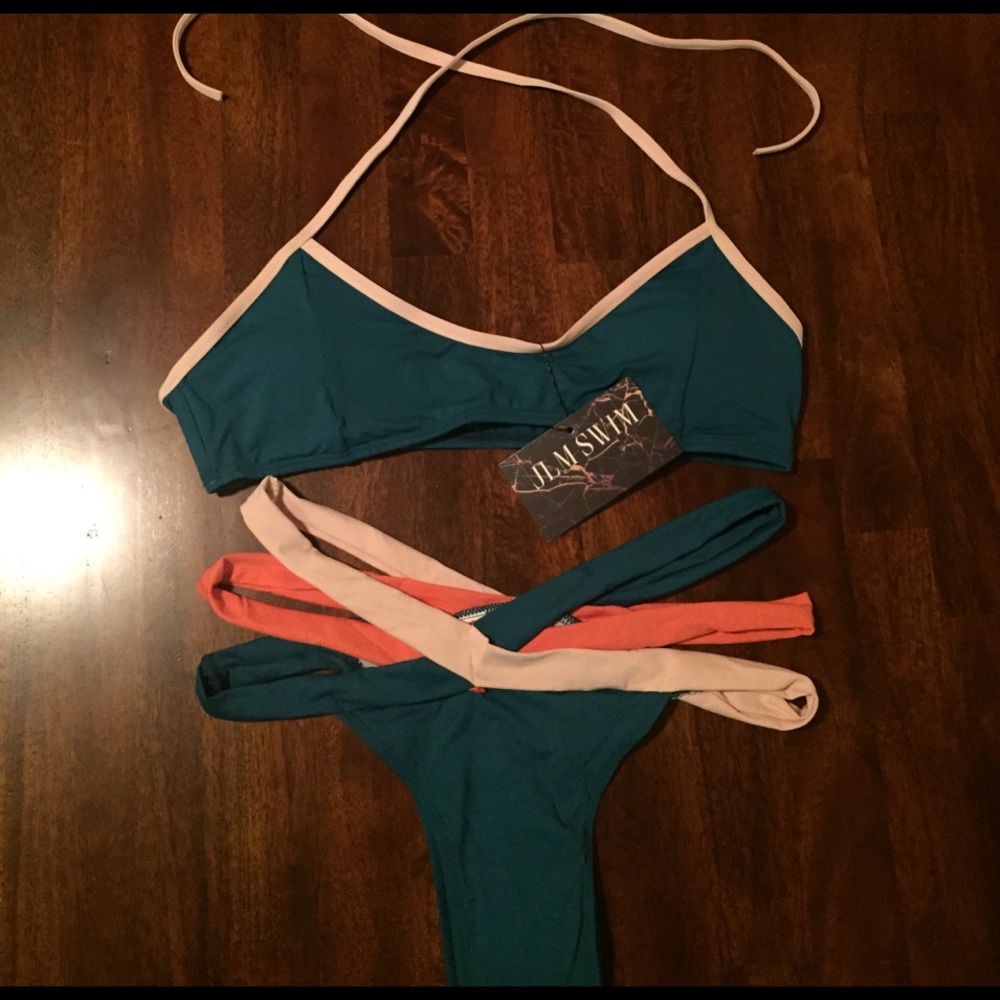 • Teal, Orange & Tan Strappy Bikini •