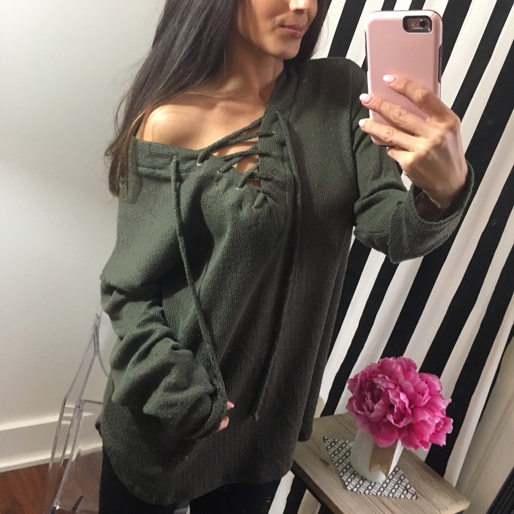 ✨HOST PICK ✨Olive Distressed Oversized lace up Top