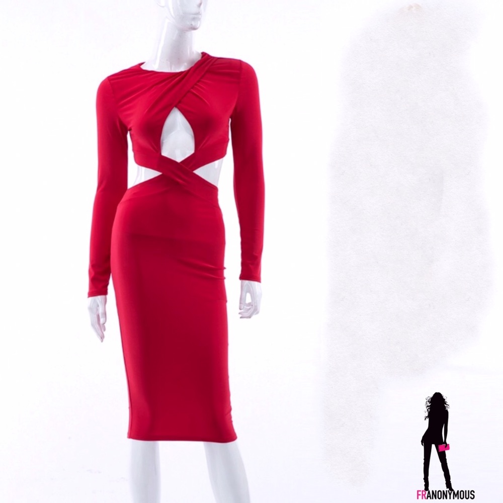 Red Long Sleeve Cut Out Body-con Dress