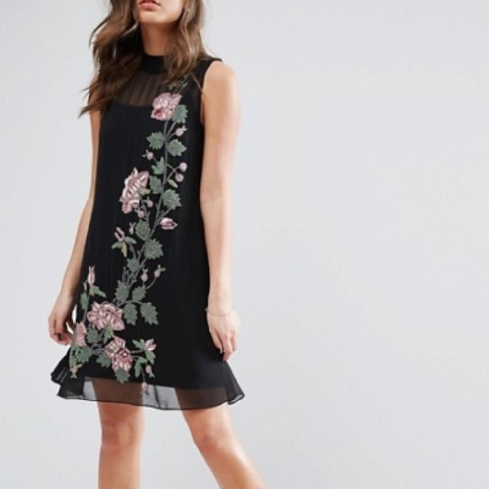 ASOS Miss Selfridge Rose Embellished Mesh Shift