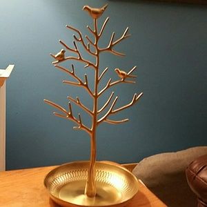 Brass bird tree jewelry holder
