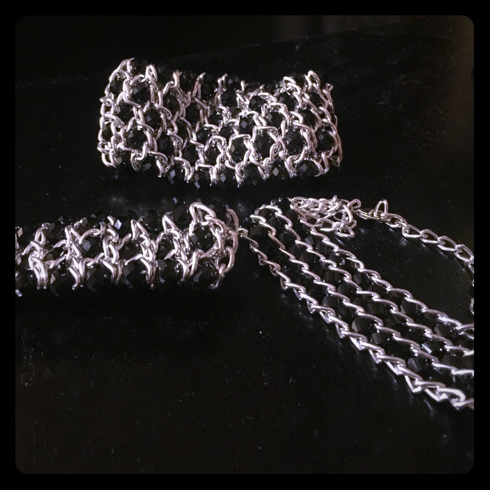 Set of 3 silver and black chain link bracelets