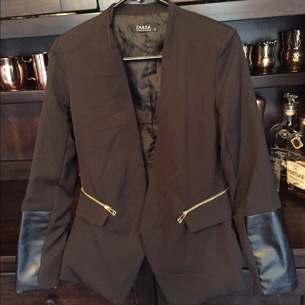 Black Blazer with Leather & Gold Zipper Detail