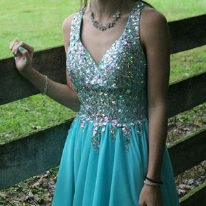 Short teal and sequin homecoming/prom dress