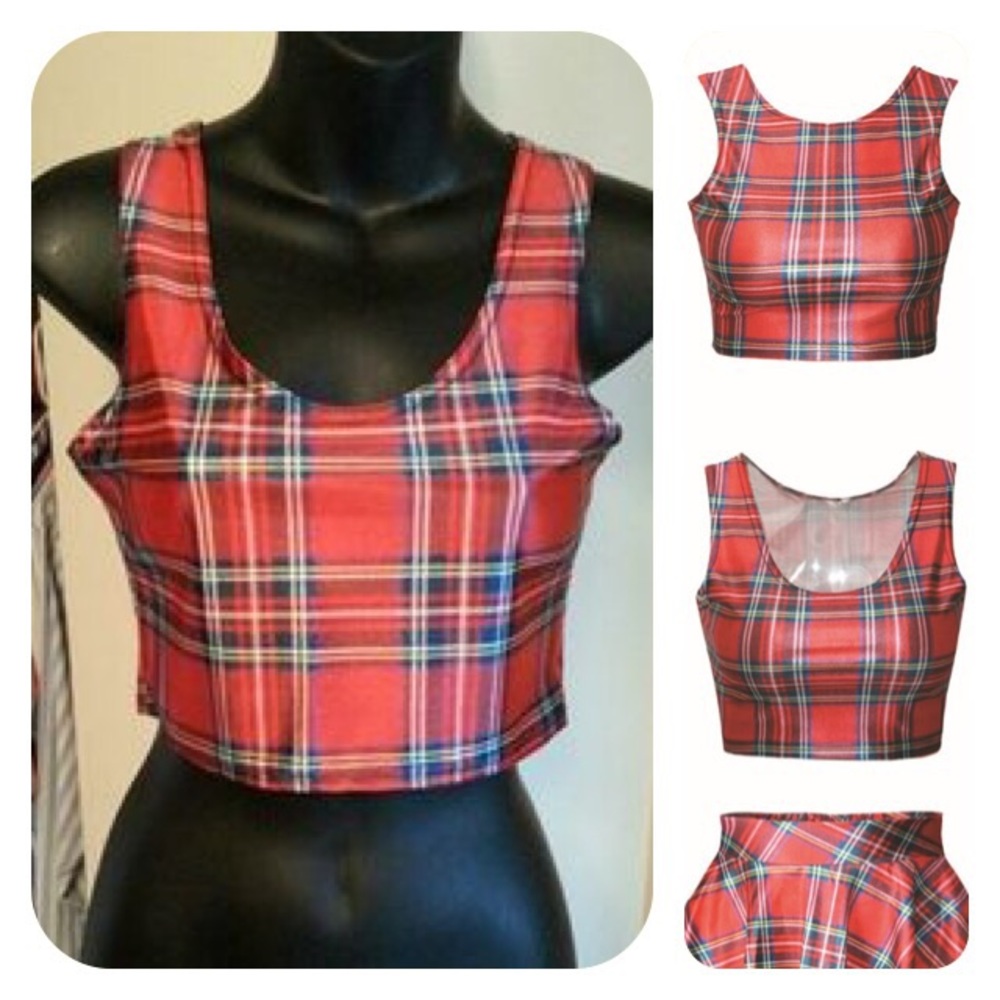 Plaid Crop Top Tank Small S Checker Print in Red