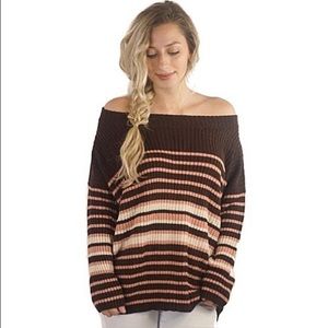 Mocha striped off the shoulder sweater