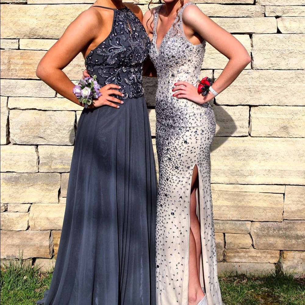 Dark grey halter top prom dress