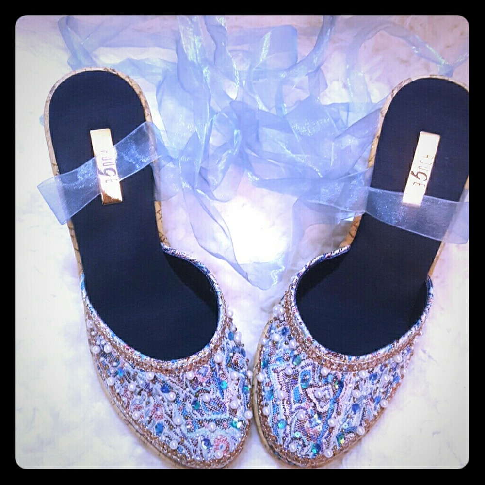 Blue beaded wedges/espadrilles