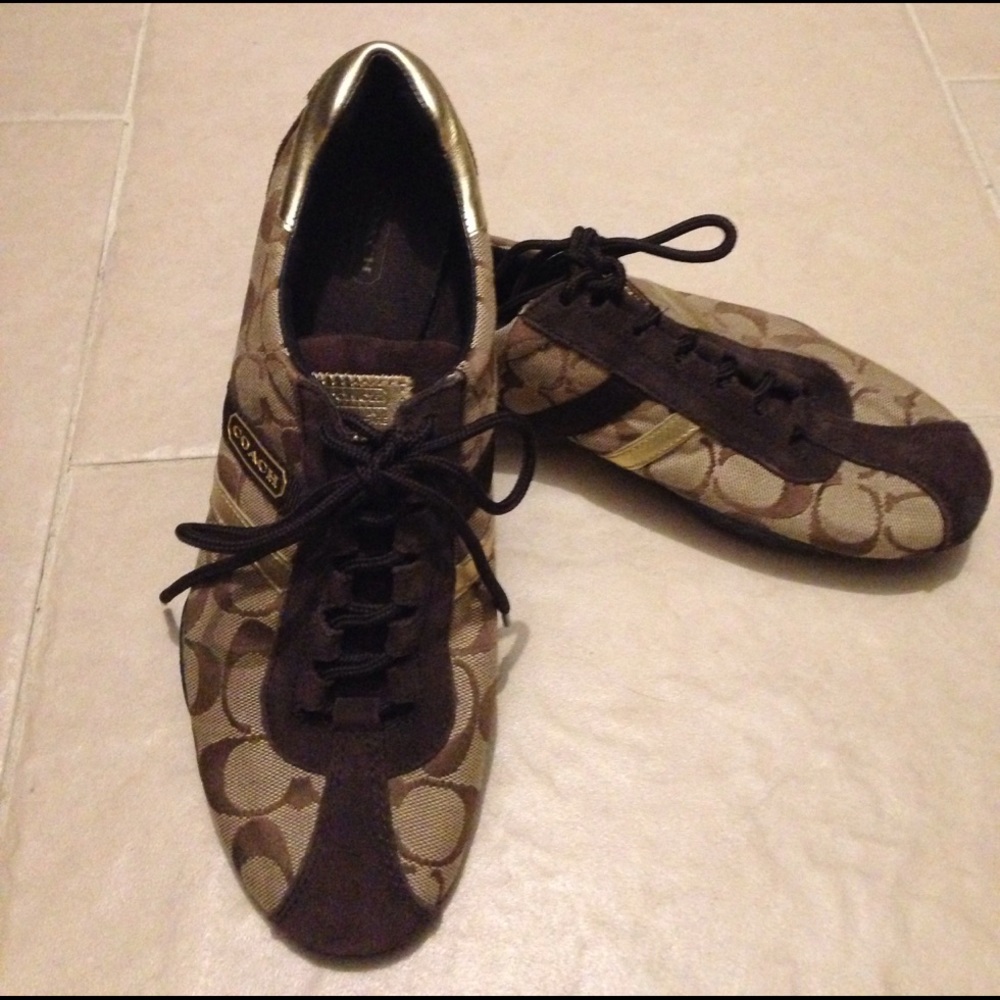 Coach athletic shoes brown canvas and gold