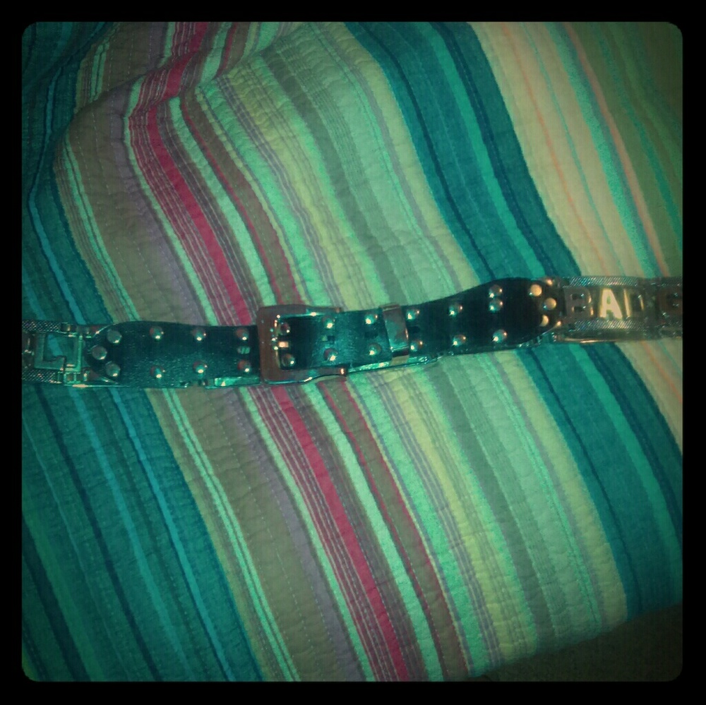 $SOLD Silver metal and gen Leather belt "BAD GIRL"
