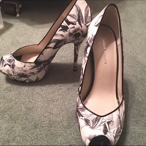 Black and white floral heels