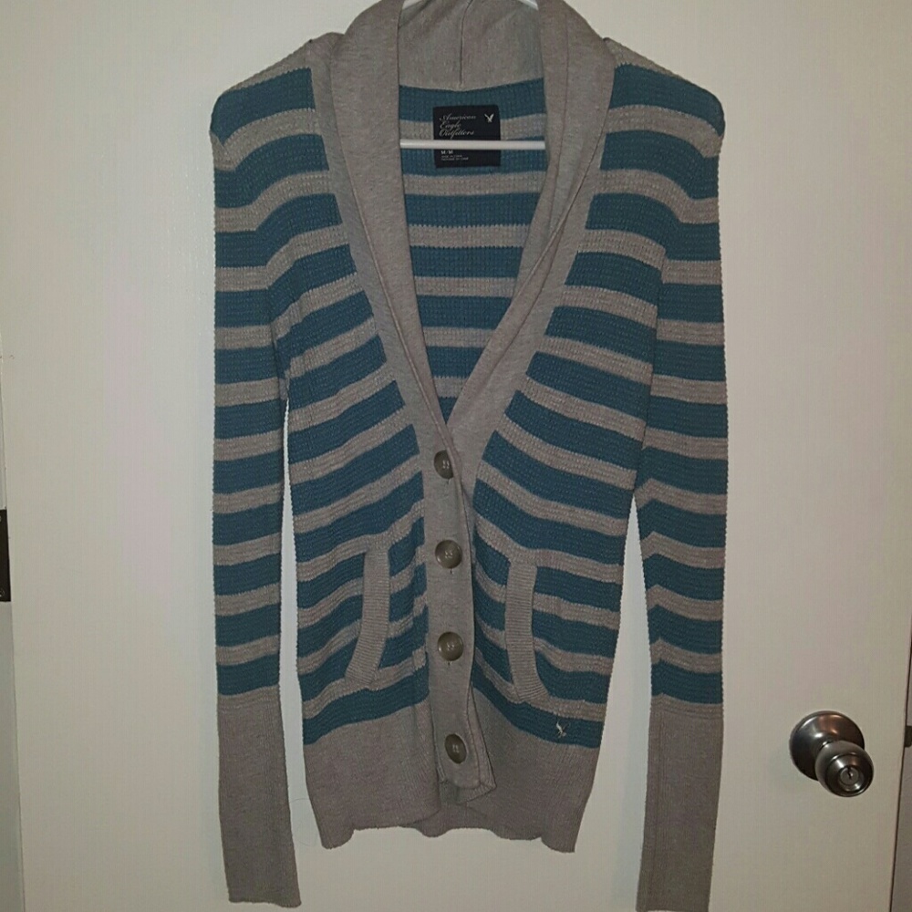 AE blue and gray striped sweater cardigan.