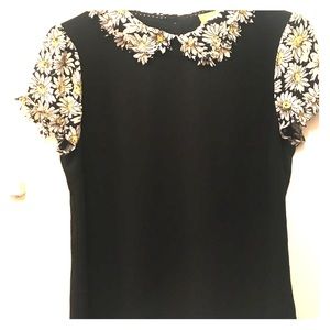 Black Blouse w/ Daisy Appliqué Collar and Sleeves