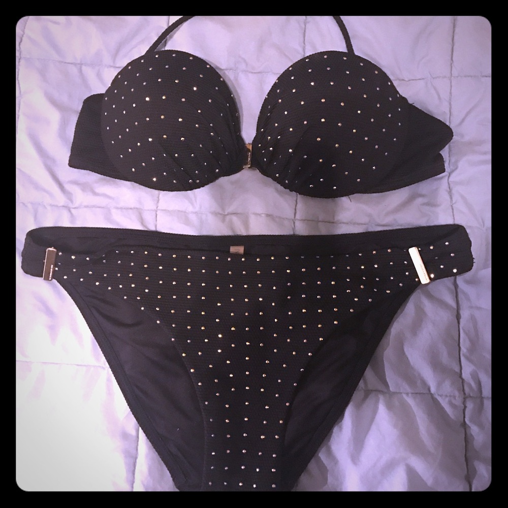 Back with gold dot bikini.