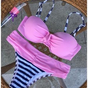 TOP AND BOTTOM ! pink&black striped cheeky bikini