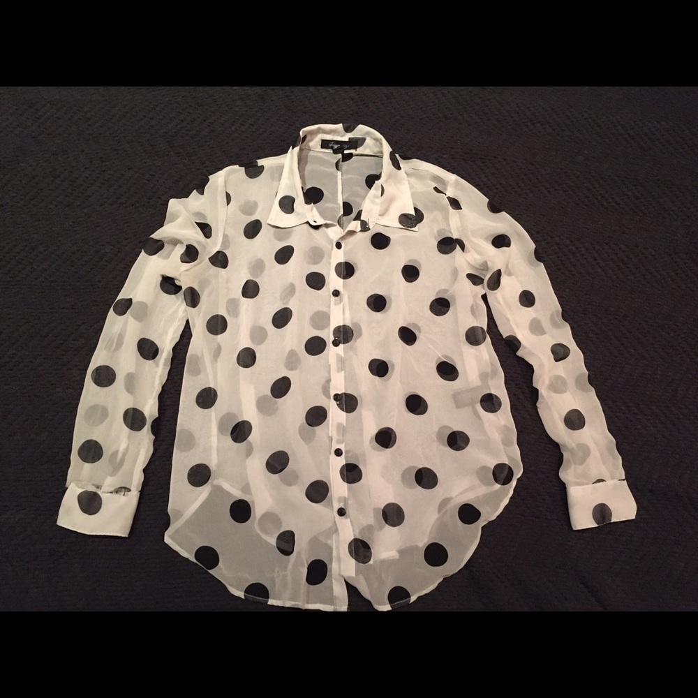 Sheer black and white polka dotted button up top