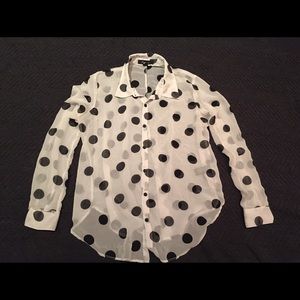 Sheer black and white polka dotted button up top