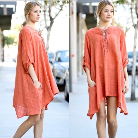 ❣LAST❣ Coral Lace Up Shark Bite Tunic Dress - Picture 2 of 3