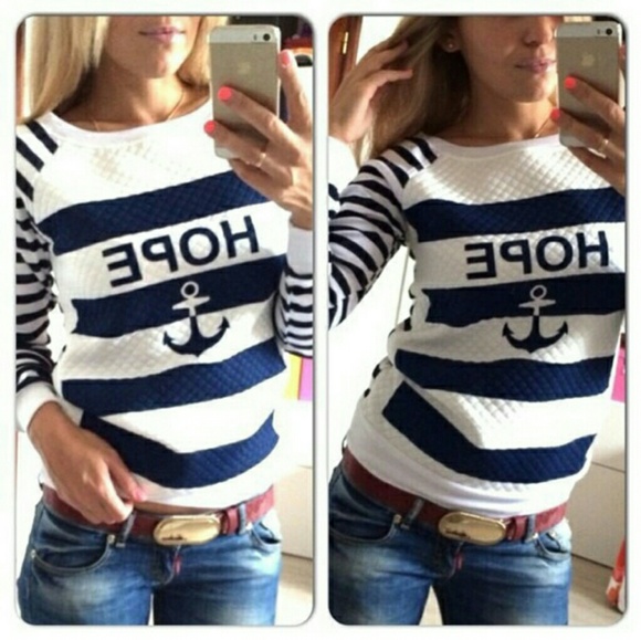 Preppy Anchor Printed Navy Striped Top - Picture 1 of 1
