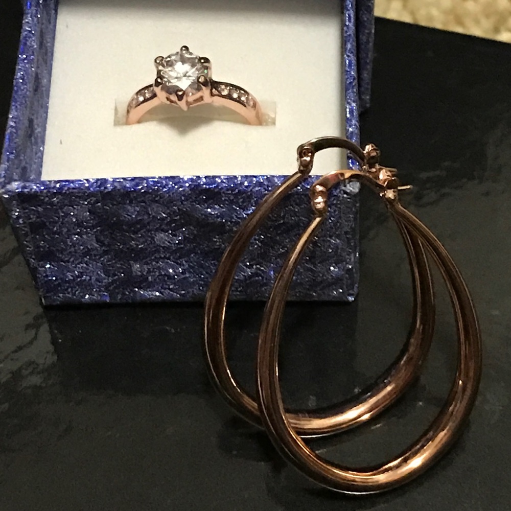 Rose gold plated cz diamond ring and earrings