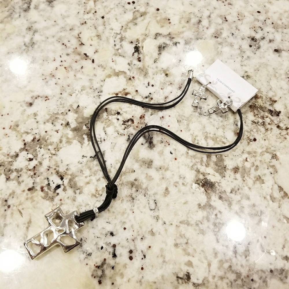 Silver cross necklace and earrings