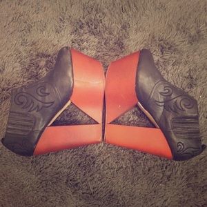 wooden platform wedges with black leather