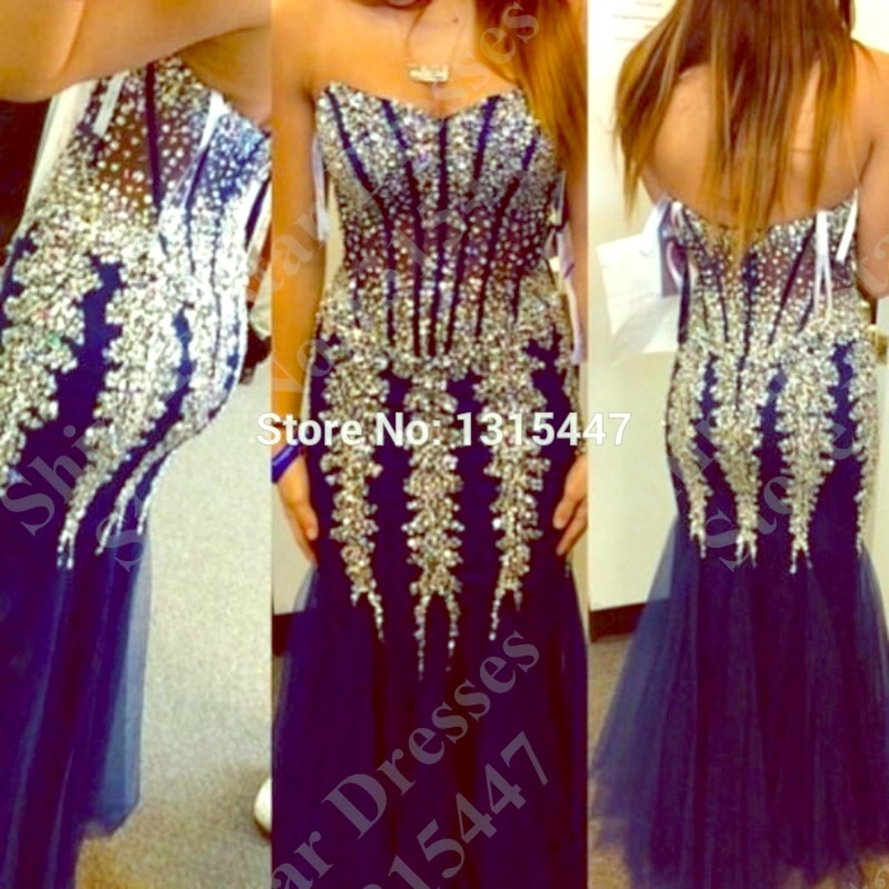 Blue Mermaid Rhinestone Prom Dress