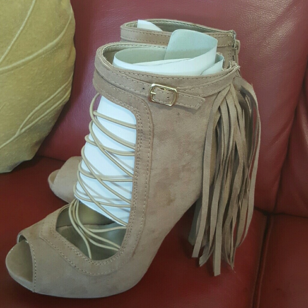 Suede Fringe Khaki Bootie/Heel
