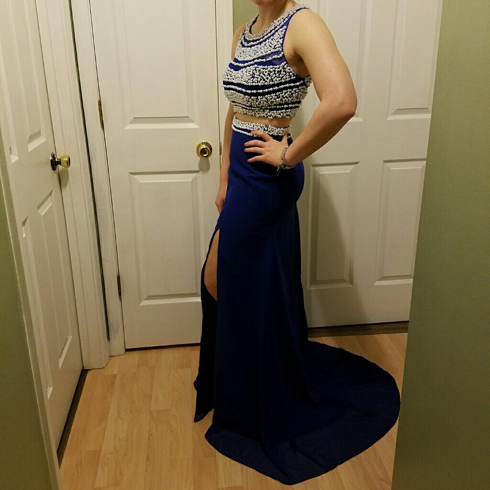 Pearl Beaded Royal Blue Prom Dress