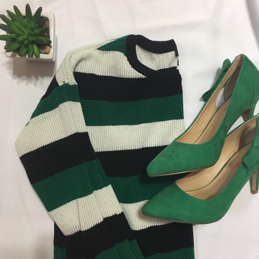 Green, Black & White Striped Open Knit Sweater