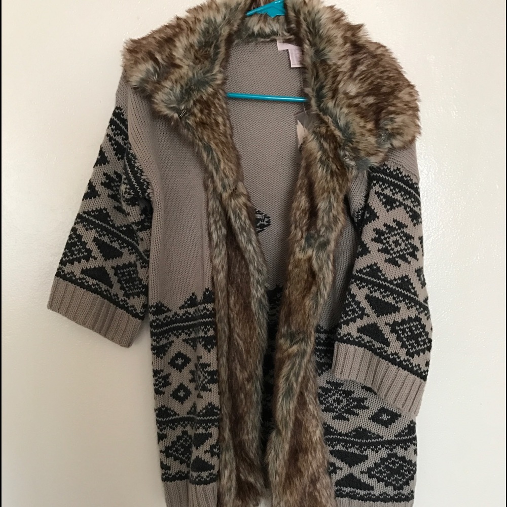 Southwest Print Cardigan with Faux Fur