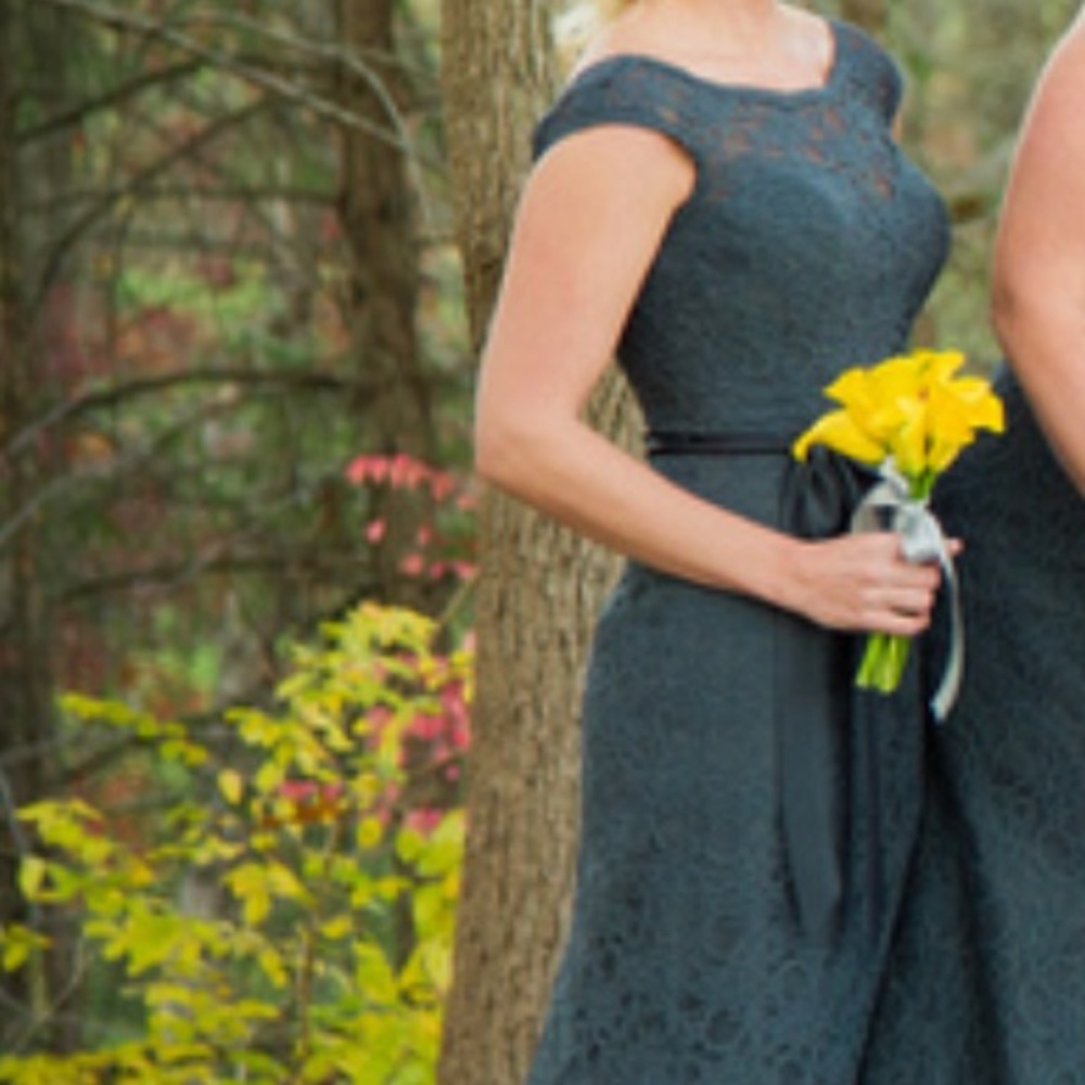 Mori Lee Lace Deep V Charcoal Lace Dress