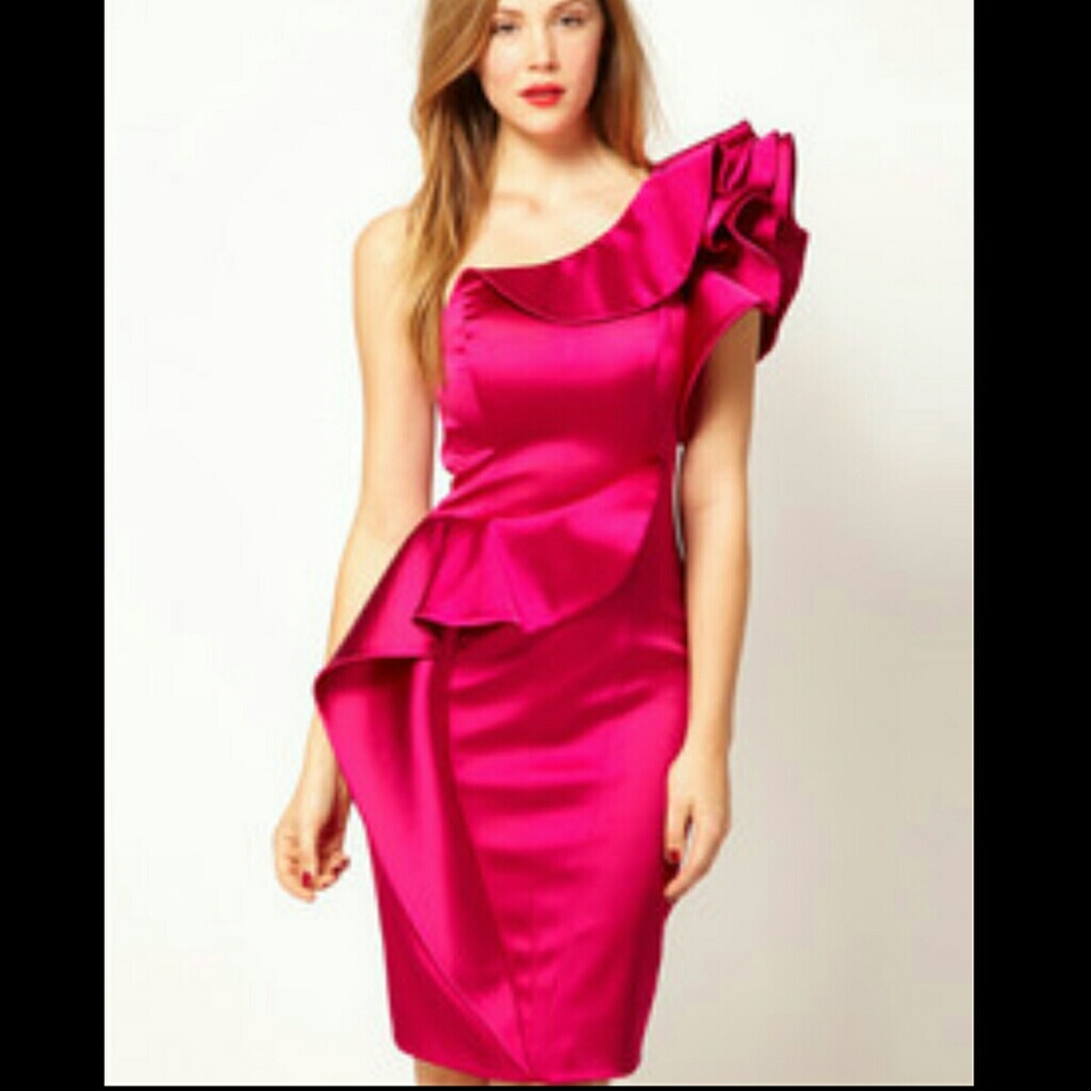 Sz 2 Karen Millen Hot Pink 1 shoulder satin dress