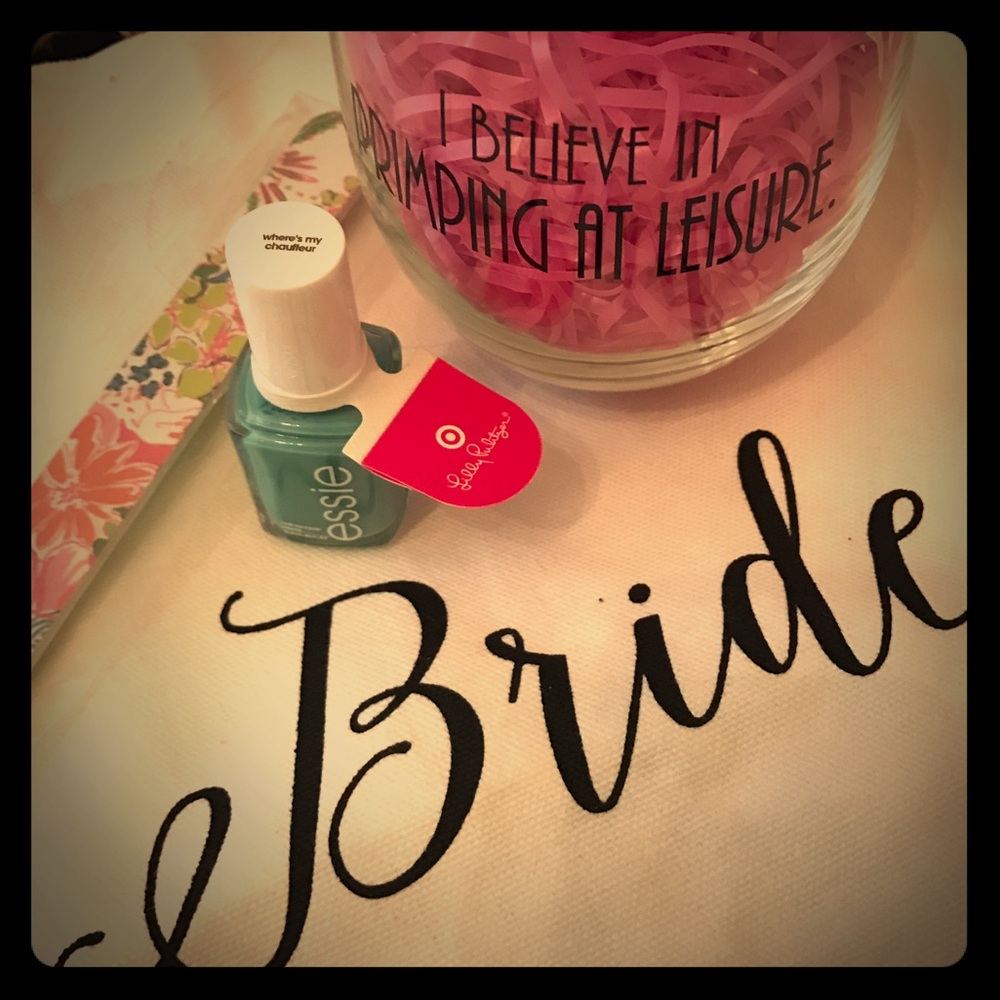 Bride tote & Lilly Nail polish, filer & wine glass